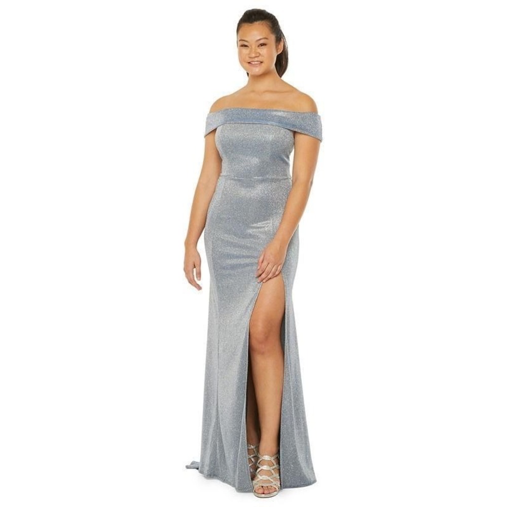 Juniors' Silver Glitter Off Shoulder Formal Gown Maxi Dress Side Slit NWT